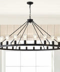 53 Inch Farmhouse Wagon Wheel Chandelier With 24 Lights Rustic Black Round Ceiling Light in a bright room
