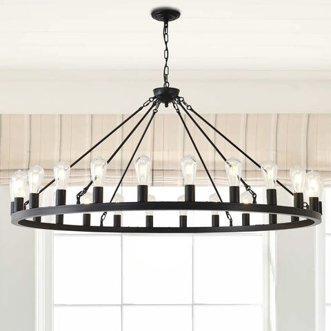 53 Inch Farmhouse Wagon Wheel Chandelier With 24 Lights Rustic Black Round Ceiling Light in a bright room