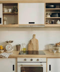 Modern kitchen with Rectangular Recessed Door Pull Handle Set With Flat Back For Sliding Doors, Cabinets, And Closets, in black.