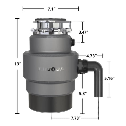 Three Quarter Horsepower Continuous Feed Garbage Disposal With Whisper Quiet Operation dimensions shown