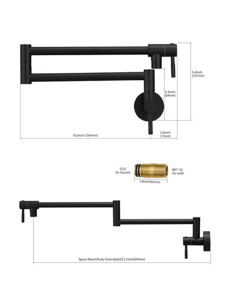 Matte Black Pot Filler Faucet Wall Mount Pro Grade Brass Construction Folding Stretchable Swing Arm Double Joint Single Hole