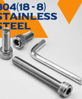 Dead Solid M6 X 30mm Socket Head Cap Screws With Full Threads And Allen Drive Built Like A Tank For Heavy Duty Fastening Featuring Zero Rust 304 Stainless Steel Grade Hardware, close-up of stainless steel screws and Allen wrench.