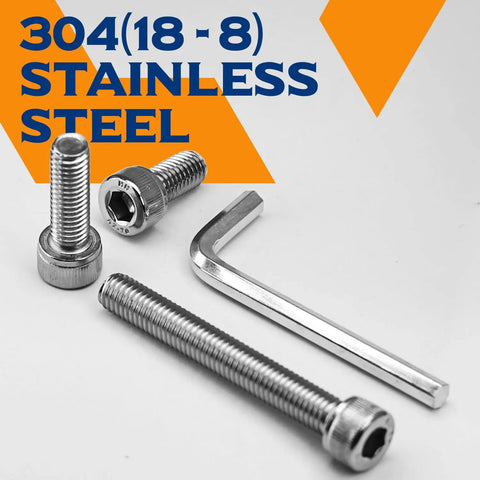 Dead Solid M6 X 30mm Socket Head Cap Screws With Full Threads And Allen Drive Built Like A Tank For Heavy Duty Fastening Featuring Zero Rust 304 Stainless Steel Grade Hardware, close-up of stainless steel screws and Allen wrench.