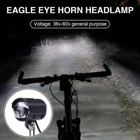 Rock Your Ride With This Super Cool 2 In 1 Waterproof E Bike LED Headlight That Doubles As A Loud Horn For Safety On Any Scooter Motorcycle Or Bicycle Out There. black waterproof LED headlamp with horn, 36V-60V, mounted on bike handlebars at night