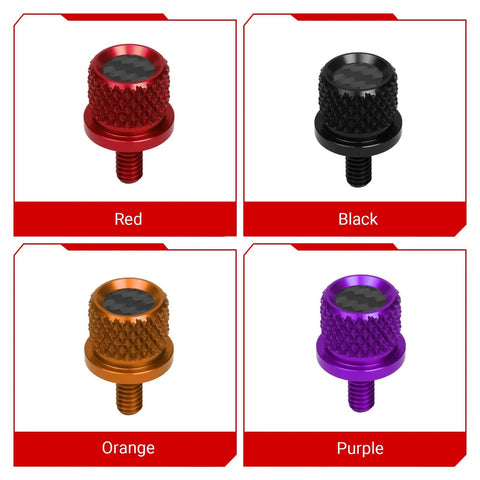 Badass Carbon Fiber 1/4 Inch Motorcycle Seat Bolts Knurled Quick Release Easy One Hand Swap For Harley Softail Dyna Sportster Touring Rigs Black featuring four colors.