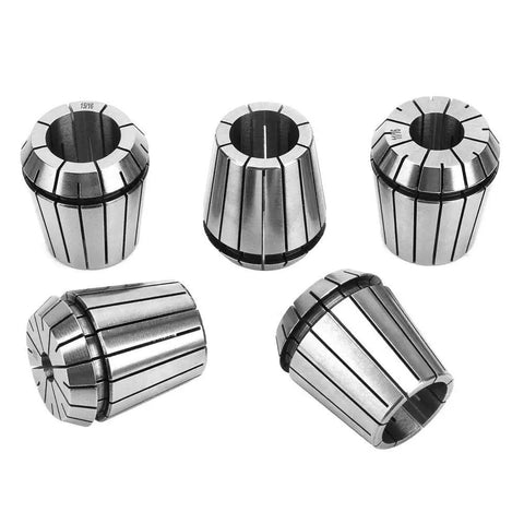 Five ER40 collets from R8 ER-40 Collet Chuck Set With 15 ER40 Collets And Spanner For Milling And Drilling Machines shown