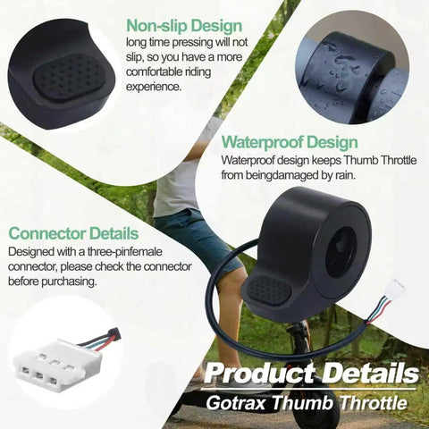 Electric Scooter Thumb Throttle Replacement With Female Plug For Gotrax GXL V2 And Apex Series Plus Hibo S2 S2 Pro Megawheel S10 XR Elite Plug And Play Speed Control Accessory with non-slip and waterproof design features