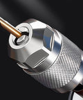 Hex Quick Change Drill Chuck With 3 Jaw Grip Hardened Steel Build Quick Lock Shank attached to drill bit, close-up view