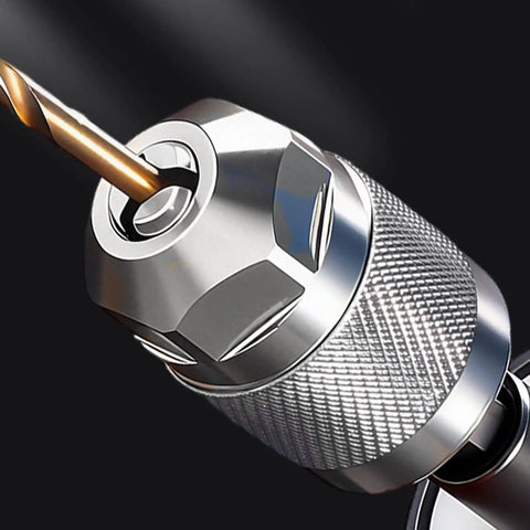 Hex Quick Change Drill Chuck With 3 Jaw Grip Hardened Steel Build Quick Lock Shank attached to drill bit, close-up view