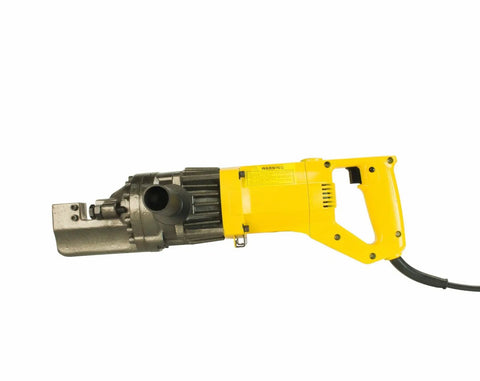 Steel Dragon 5/8 Inch Electric Rebar Cutter, 1050W Hydraulic Rebar Bucker With Four-Sided Reverse Jaws, Yellow electric tool side view.