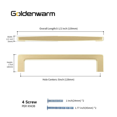 Dimensions of brushed gold cabinet handle with 5-inch hole centers, 5-1/2 inch length, includes screws, Goldenwarm brand