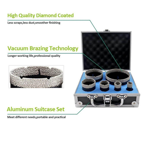 FACHLICH diamond core drill bit set in aluminum suitcase; 6pcs tile hole saw kit (19–102 mm) for porcelain tile, granite, and marble.