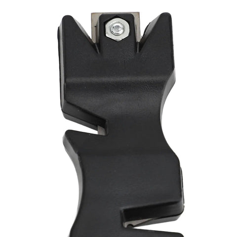 Close-up of the 4 In 1 Blade Sharpener with Glass Cutter, showing durable black material and sharpening edge for tools.