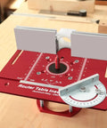 Heavy Duty Router Lift Kit And Flip Plate Insert With Smooth Height Tuning For 65 mm Motor Bodies showing aluminum table insert with adjustment scales.
