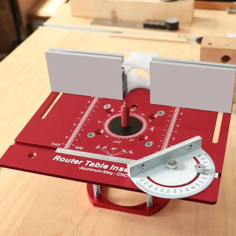 Heavy Duty Router Lift Kit And Flip Plate Insert With Smooth Height Tuning For 65 mm Motor Bodies showing aluminum table insert with adjustment scales.