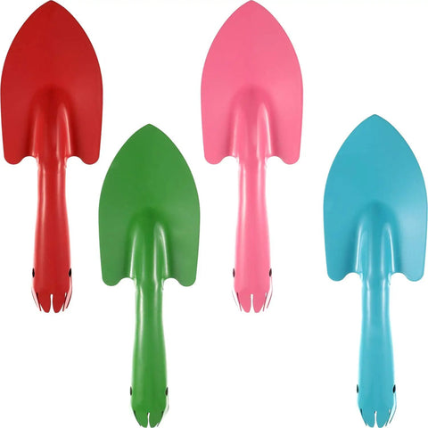 Four Piece Eight Inch Trowel Set With Colorful Metal Hand Shovels For Beach Garden And Planting Tasks Bright Pink Red Blue Green Spades