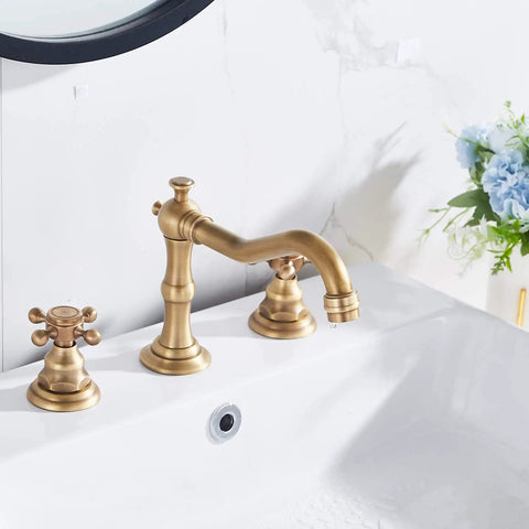 8 Inch Widespread Bathroom Sink Faucet With Two Handles And Three Holes Antique Brass Basin Mixer Tap Includes Matching Metal Pop Up Drain