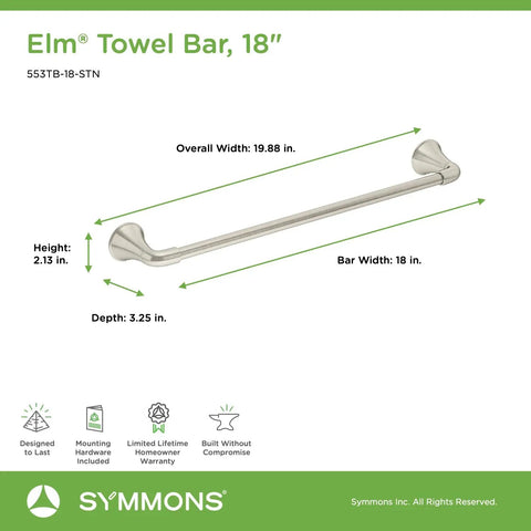 Elm 18 Inch Wall Mounted Towel Bar Satin Nickel Finish For Modern Bathrooms with dimensions and features displayed
