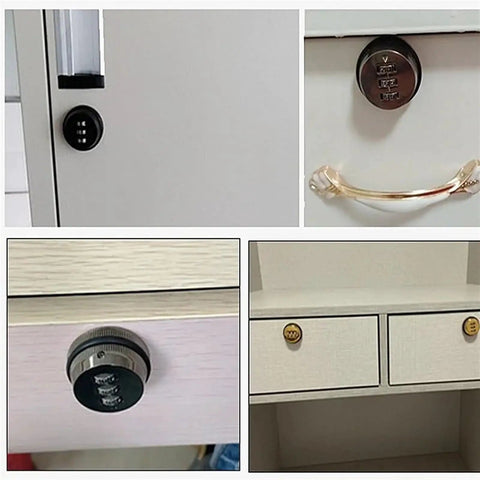3 Digit Combination Mailbox Lock Seven Eighths Inch Rotary Tongue Cam Lock installed on various drawers and cabinets