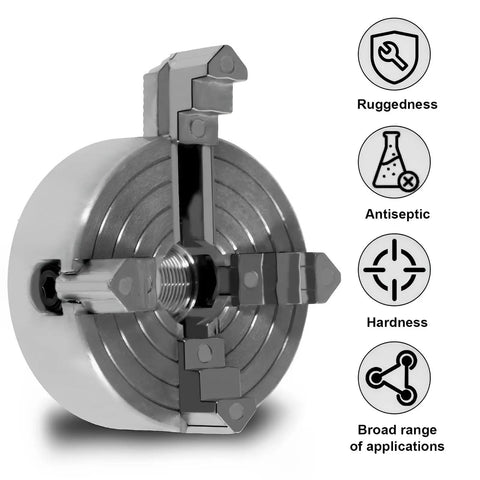 Top Tier Heavy Duty Four Jaw Mini Lathe Chuck Kit Featuring Rock Solid Zinc Alloy Construction with visible jaws and threaded center.