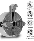Rock Solid 4 Jaw Lathe Chuck Kit Zinc Alloy Self Centering Wood Turning Fixture With Precision Mounting Wrench And Sturdy Connecting Rod For Mini Metal Lathes showing detailed view of chuck mechanism.