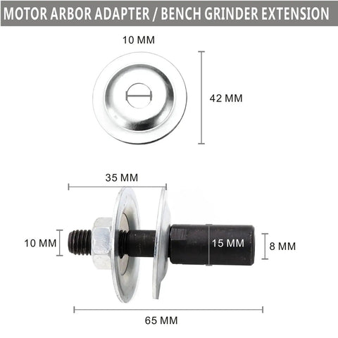 8mm Motor Arbor Adapter and Shaft Extender Kit for Bench Grinder, includes measurements for DIY setup with threaded shaft connection.