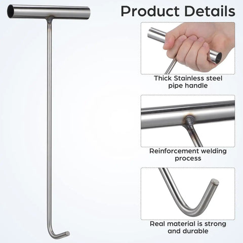 15.15 Inch Stainless Steel Manhole Cover Hook With T Handle Beefy Heavy Duty Lift Hook Tool showing T-handle grip and welded joint.