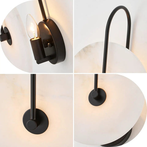 Close-up of ELYCCUPA 10” Marble Wall Sconces Set of Two Matte Black Classic Stone Alabaster Wall Lights for Bedside Vanity Hallway, UL Listed.