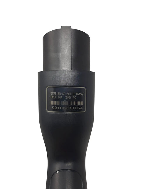 Close-up of the connector of the Portable Level 2 EV Charger 240V 16A with J1772 plug for efficient home charging.