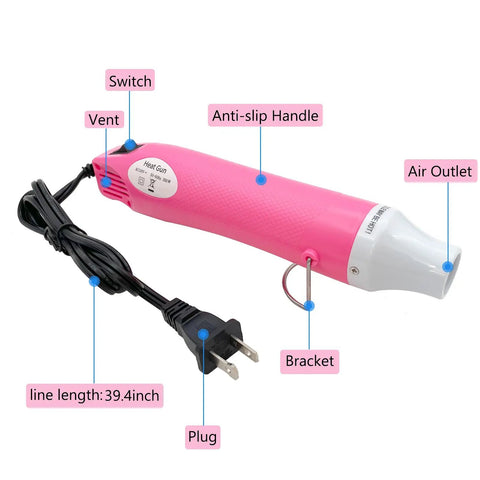 Portable Hot Air Gun For DIY Projects, pink, anti-slip handle, switch, vents, 39.4-inch cord, plug; Pro Grade Heat Shrink Tool.