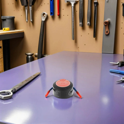 Top Shelf Emergency Essentials For Your Daily Driver Solid Compact Auto Fire Suppressor With Instant Aerosol Activation on a workshop table