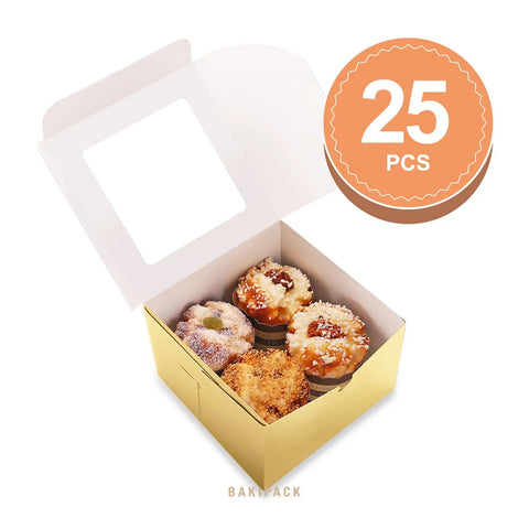 Premium Gold Bakery Boxes With Clear Window, 25 Pack Of 5x5x3.5 Inch Cake Containers Keep Cupcakes And Pies Looking Dope, Solid Food Grade Shipping Supplies For Small Business Owners To Sell Sweet Treats Today