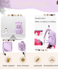 Girls Rolling Backpack For School With Wheels Durable Lightweight Polyester Trolley Bag Displayed From Various Angles and Features