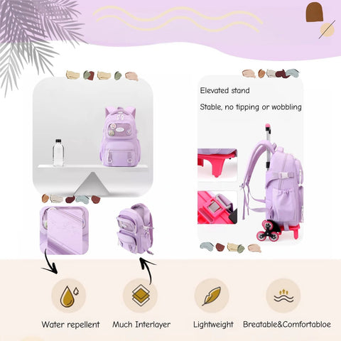 Girls Rolling Backpack For School With Wheels Durable Lightweight Polyester Trolley Bag Displayed From Various Angles and Features