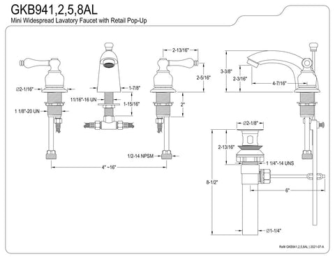 Technical diagram of Magellan Mini Widespread Lavatory Faucet With Pop Up Drain, showing dimensions and parts in polished brass.