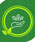 Green leaf design with hand holding sprouting plant inside a circular frame, symbolizing eco-friendliness and sustainability.