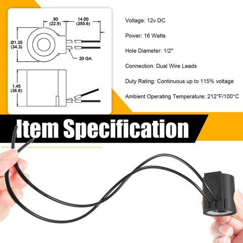 Solenoid Coil 12V DC 16W One Half Inch Hole Dual Wire Leads For Hydraulic Power Unit Lift Dump Valve Stem Series 08