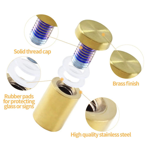 Premium Gold Standoff Screws For Acrylic Signs Rock Solid Display Hardware showing brass finish and rubber pads for protection.