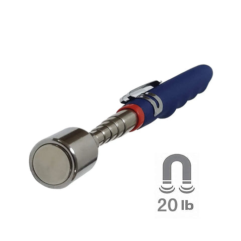 Telescoping Magnetic Pickup Tool With 20 Lb Pull Strength, Extends From 7 To 31 Inches, blue handle close-up with magnet icon
