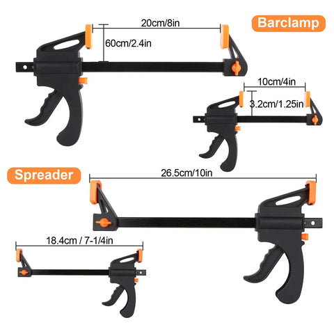 Dual Size Bar Clamps Set 4 Inch And 8 Inch Quick Grip Trigger Clamps One Handed Ratchet Clamp For Woodworking And Craft Projects shown in dimensions with spreader feature