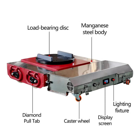 Heavy Duty Electric Machine Dolly Skate With Remote Control For Easy 360 Degree Rotating Industrial Transporter Moving 20 To 50 Ton Loads Like A Boss No Sweat Needed, showing manganese steel body and load-bearing disc.