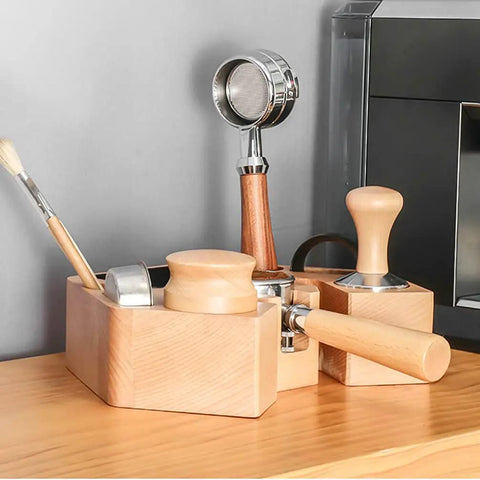 Wooden Espresso Tamper Holder 8 In 1 Coffee Bar Accessory Stand With Removable Knock Box Fits 51Mm And 54Mm Portafilters, tools organized.