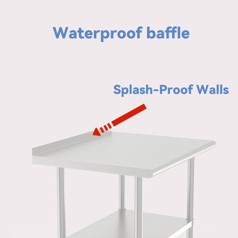 Stainless Steel Work Table With Back Panel And Undershelf 36 Inches Built Tough For Kitchen Restaurant Garage Or Workshop Scratch And Rust Resistant Easy To Clean NSF Certified, featuring waterproof baffle and splash-proof walls
