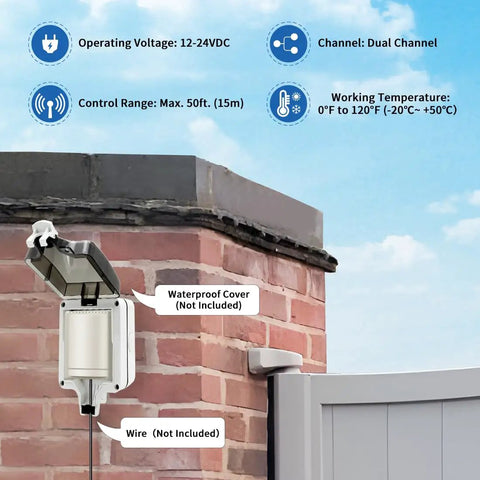 HomeLink Ready Universal Receiver with Remote Transmitter installed on brick wall for swing or sliding gate openers and garage doors