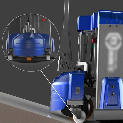 Close-up of Heavy Duty Electric Pallet Jack Truck 4400 Lb Capacity showing wheels and multi-function handle for easy maneuvering.