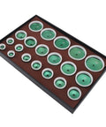Watch Press Die Set 20 Pcs Kit, 20 To 58mm Dies For Back Case Closer, shown in a tray with various sizes and green finishes.