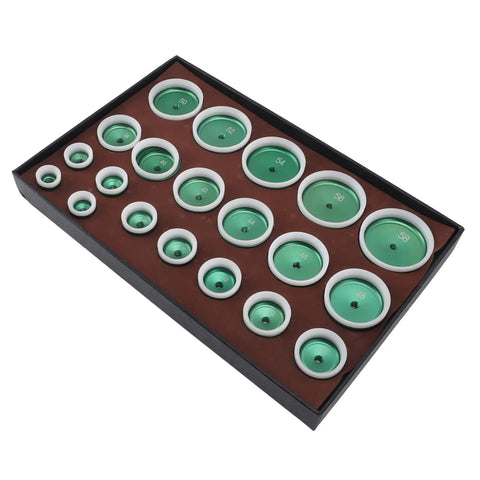 Watch Press Die Set 20 Pcs Kit, 20 To 58mm Dies For Back Case Closer, shown in a tray with various sizes and green finishes.