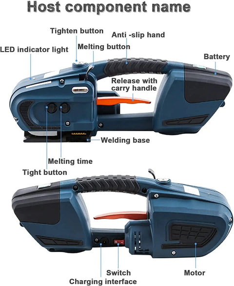 Heavy Duty Handheld Electric Strapper With Built In Battery Automatically Tensions Welds And Cuts Pp Pet Straps, side view showing components.