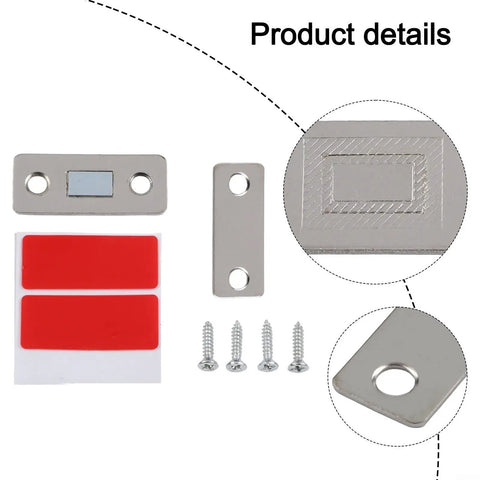 Magnetic Cabinet Door Catch And Closer Set for Cabinets with screws, adhesive, and detailed view of components