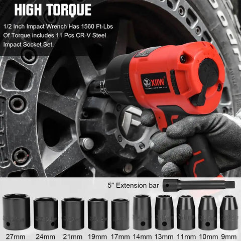 Professional 1/2 Inch Air Impact Wrench Packs Tough As Nails 1560 Ft Lbs Of Raw Power Into A Lightweight Rubber Grip Design for tire work.